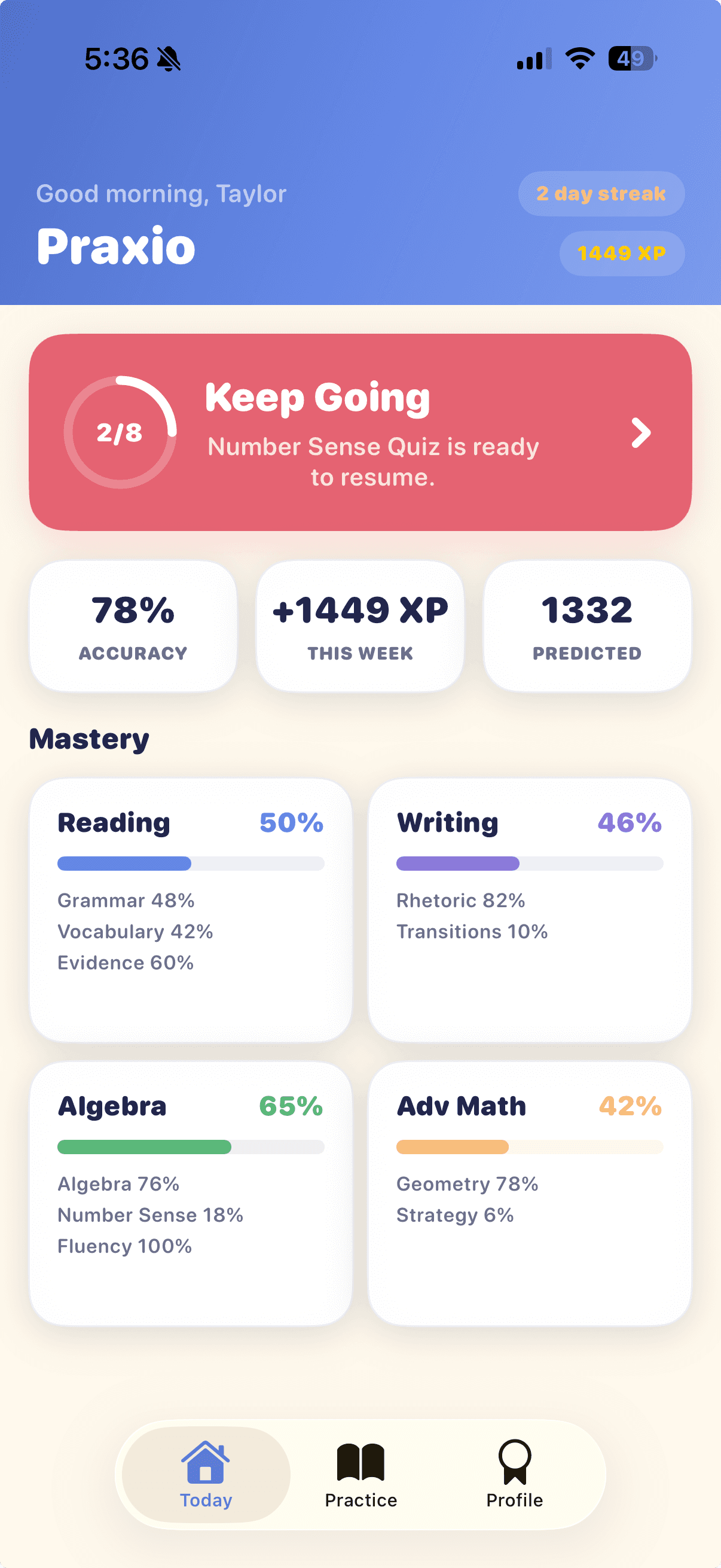Praxio Today screen in an iPhone frame